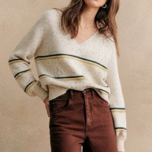 Charli Cashmere V Neck Striped Sweater In Marled Oatmeal